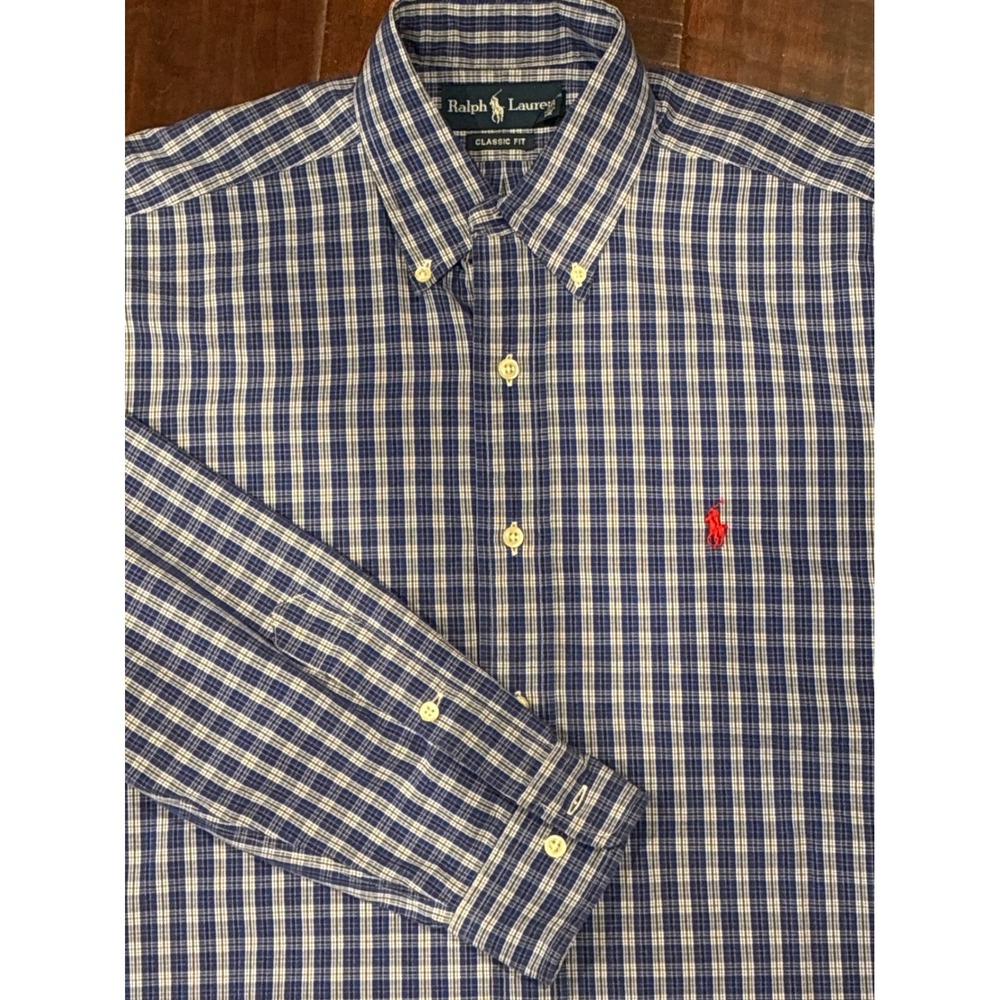 Ralph Lauren Button Down Mens M Blue Plaid Classic Fit Long Sleeve Cotton Shirt